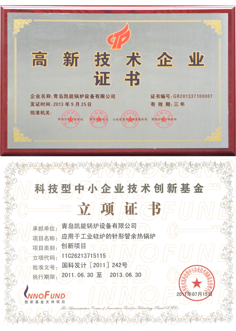 青島凱能鍋爐高新技術(shù)企業(yè)證書、立項證書