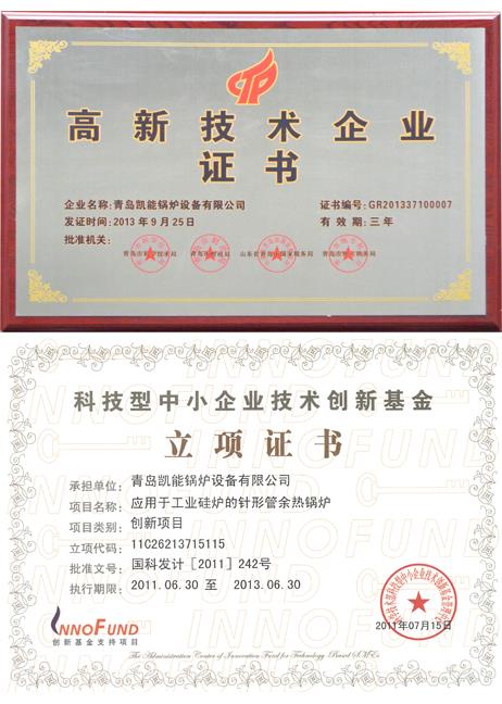 青島凱能鍋爐高新技術(shù)企業(yè)證書、立項(xiàng)證書